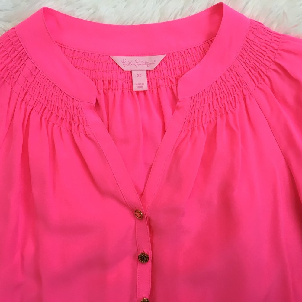 🎉HP🎉 Lilly Putlizer Neon Hot Pink Silk Blouse / Top - Picture 4 of 6